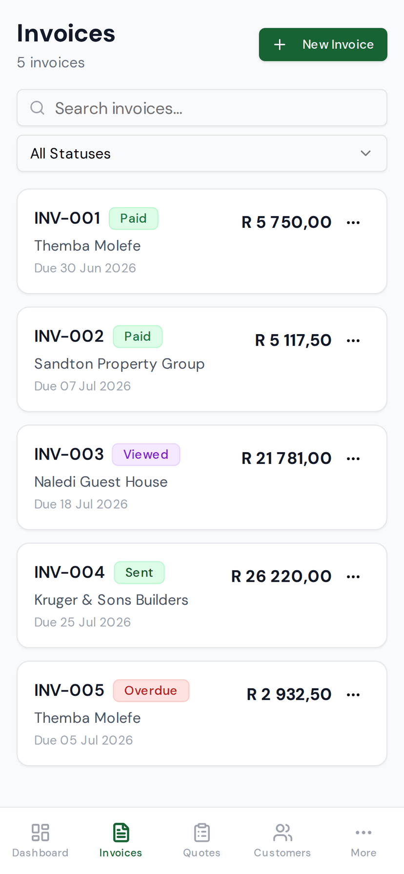 InvoiceSA invoice list on a phone with paid, sent, viewed and overdue status badges